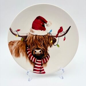 Highland Cow Christmas Salad Dessert Plate Santa Hat Scarf Cardinal Lights